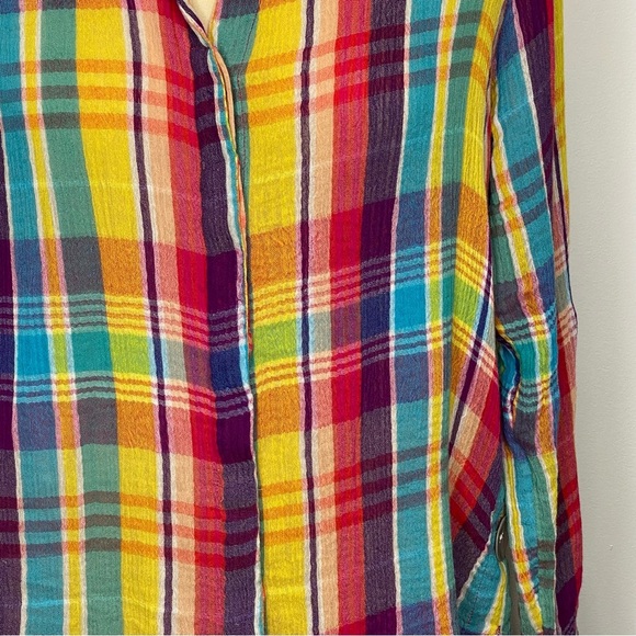 Soft Surroundings Kona Shores Rainbow Plaid Gauze Cotton Button Up Shirt - Picture 6 of 11